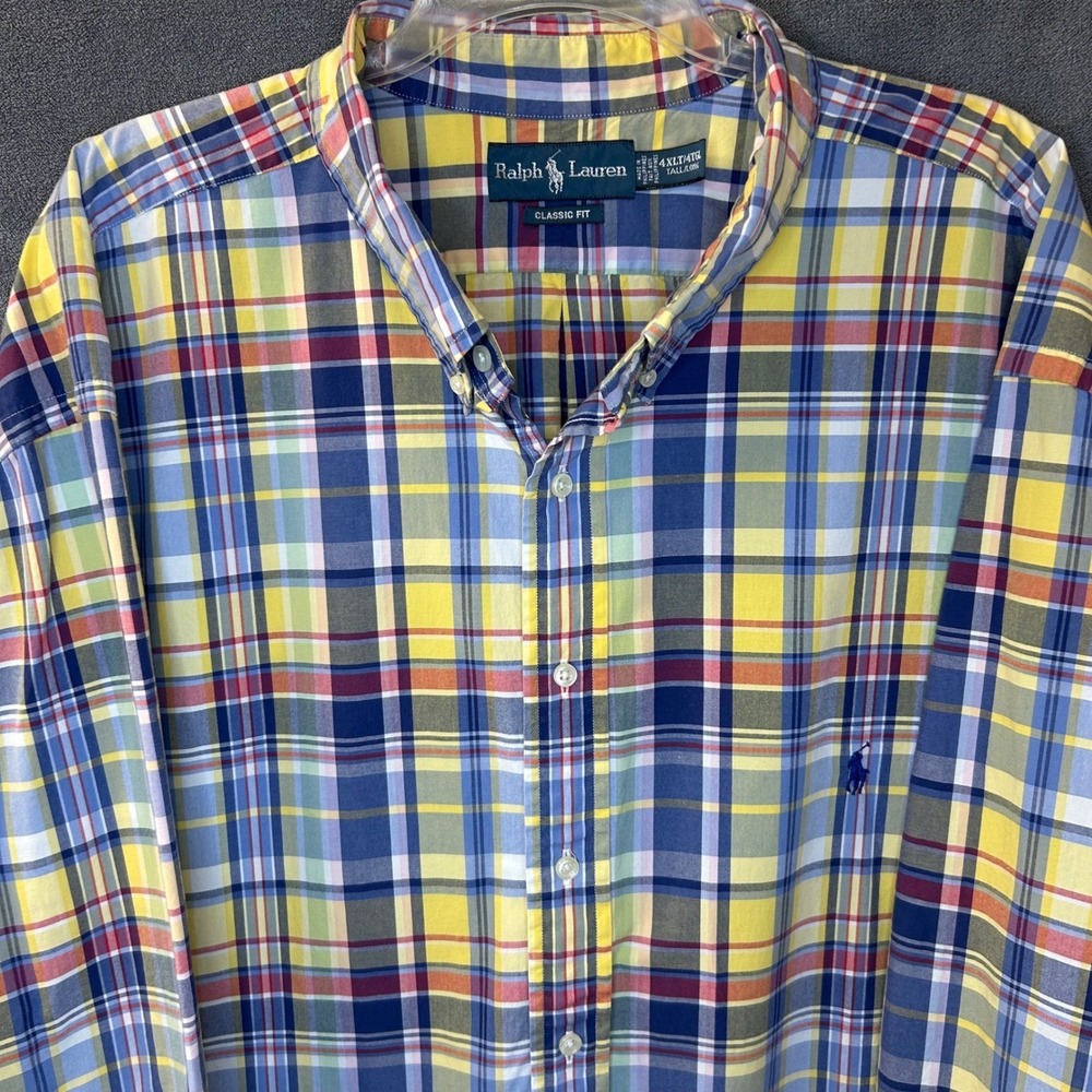 Ralph Lauren Mens 4XLT Classic Fit Madras Plaid Button Down Shirt Yellow Blue